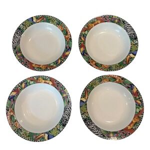 Sakura Magic Jungle Sue Zipkin 1995 Ultra Porcelain Rimmed Soup Bowls Set of 4